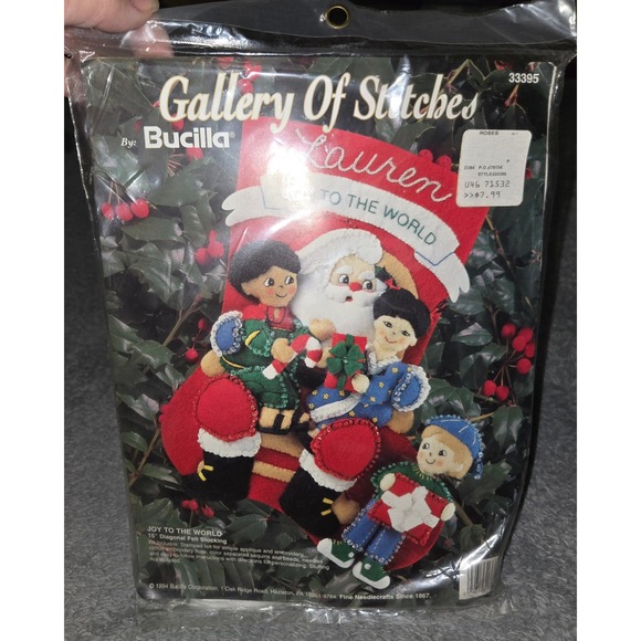 VTG 1994 Bucilla Gallery of Stitches Joy To The World Felt Stocking Kit 15" Diag - Picture 1 of 3